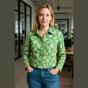 Liz Claiborne Petite sz 6 Denim Jacket Green Floral big buttons  T26